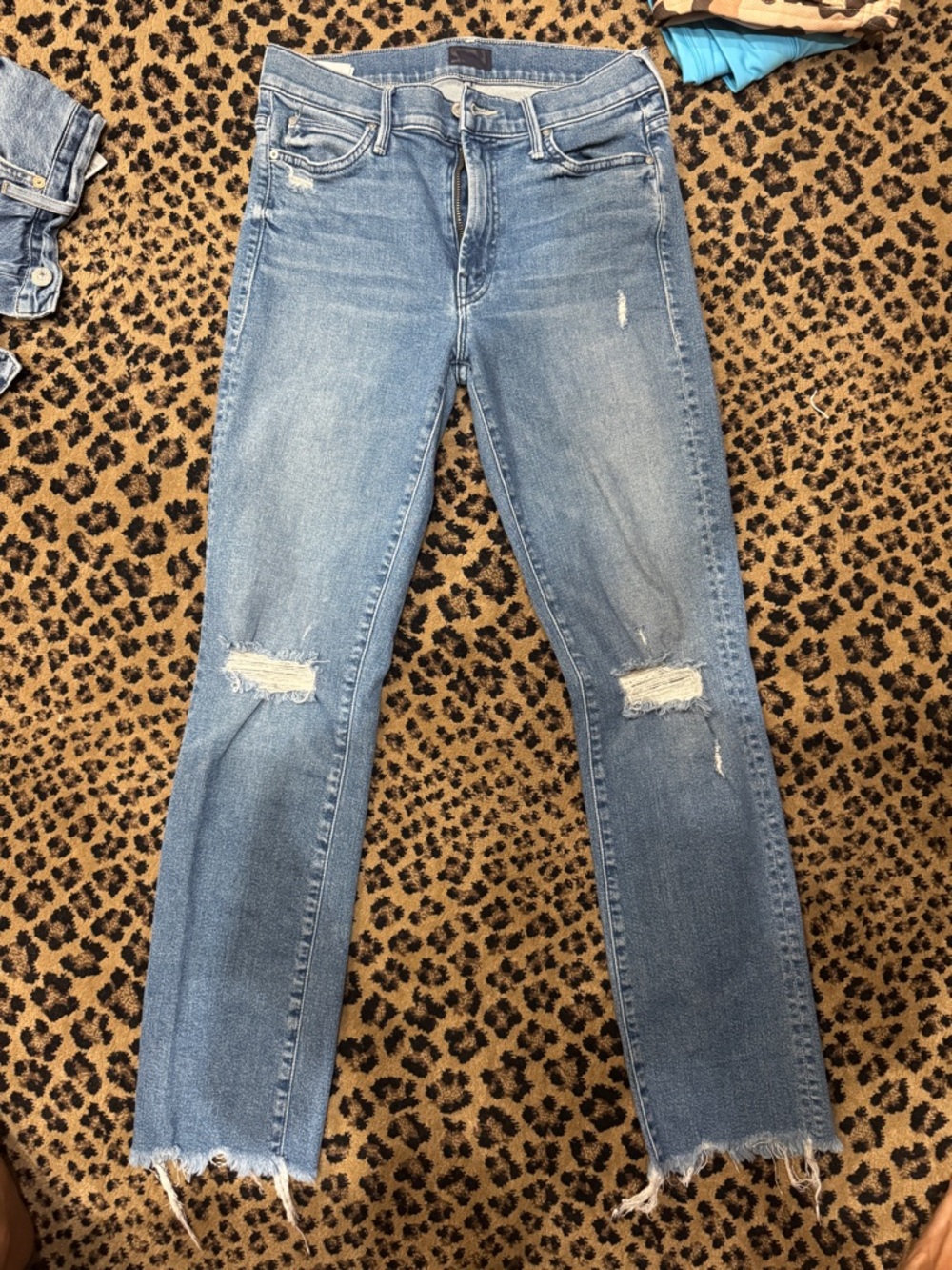 MOTHER Light Blue Distressed Ankle Crop Jeans
